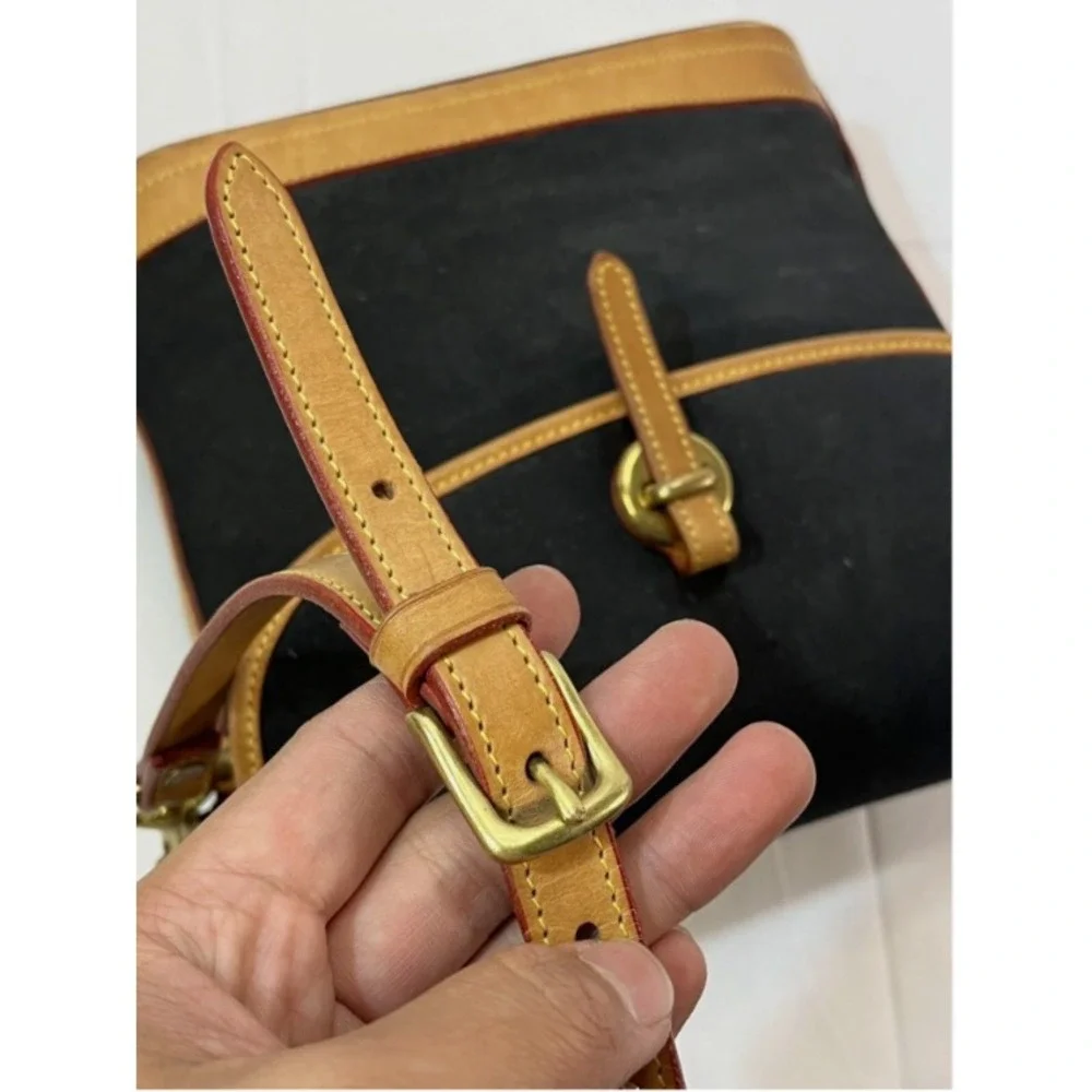Dooney & Bourke Black Canvas/ Light Tan Leather Medium Flap Crossbody Bag Purse